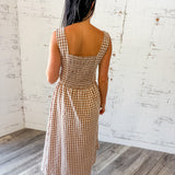 Brown Gingham Fitted Bodice Maxi Dress