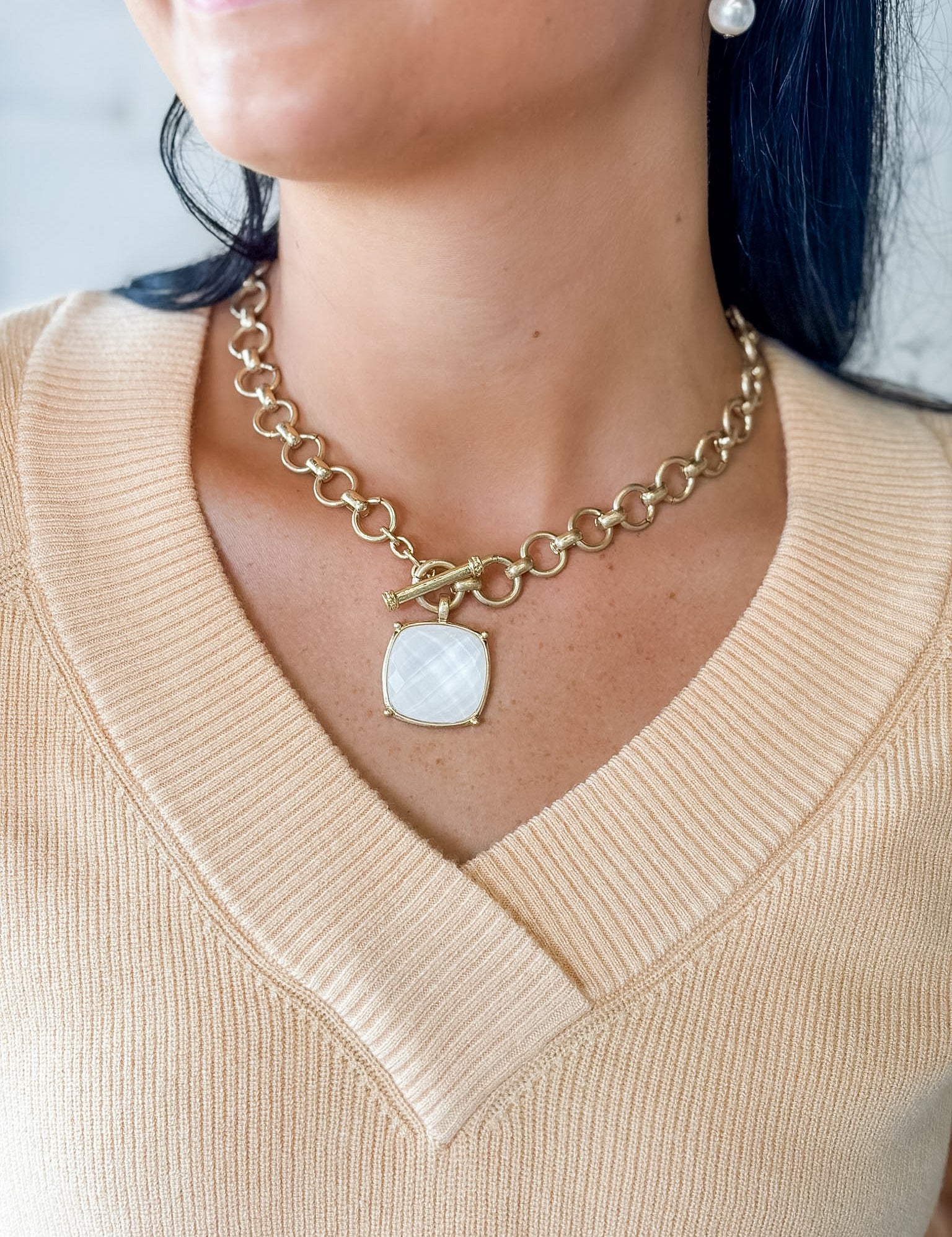 Chain Link Toggle Necklace with Stone Pendant