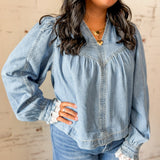 Chambray Denim Lace Cuff Blouse