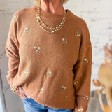 Camel Embroidered Floral Sweater