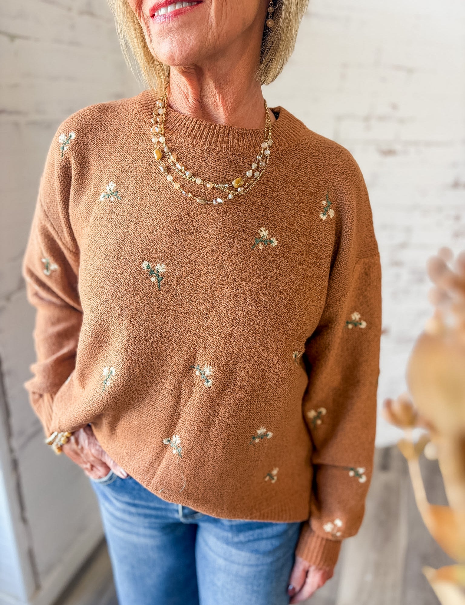 Camel Embroidered Floral Sweater