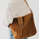 Cognac Faux Suede Studded Ring Crossbody Bag