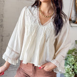 Cream Lace Trim Pleated Blouse