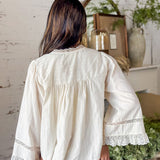 Cream Lace Trim Pleated Blouse