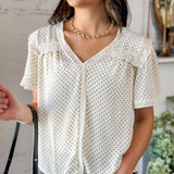 Cream Pin Dot Lace Trim Blouse