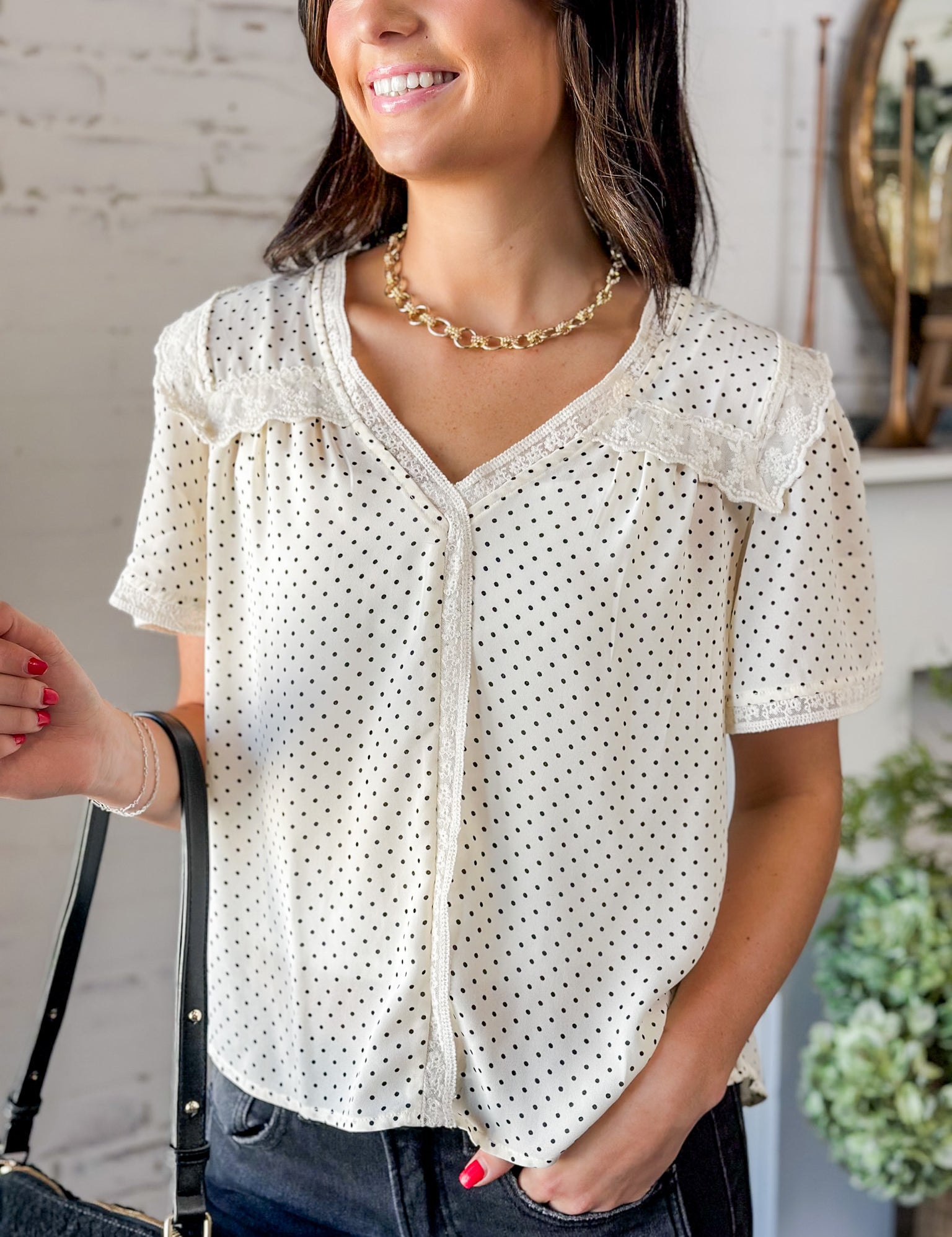 Cream Pin Dot Lace Trim Blouse