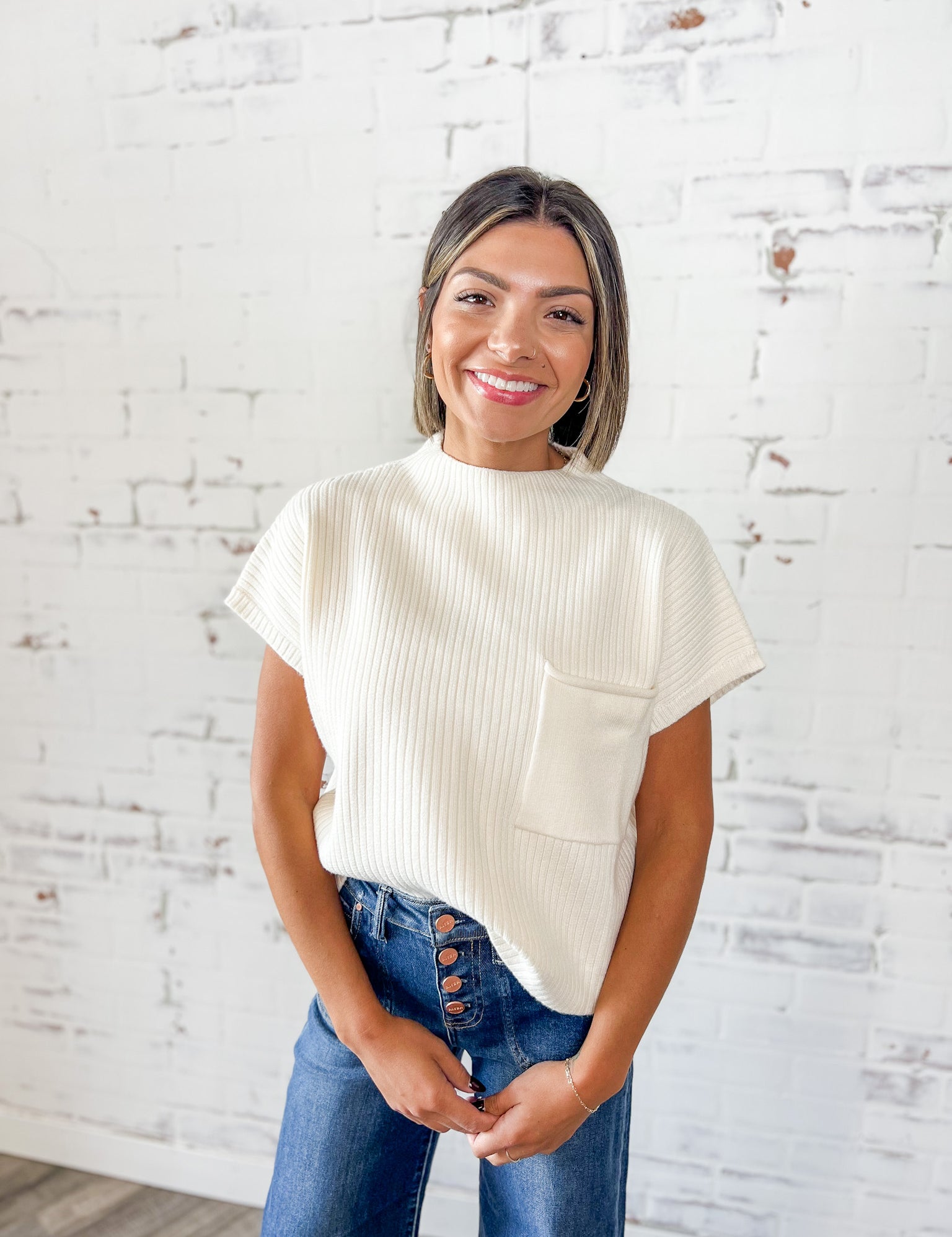 Ribbed Mock Neck Pocket Top