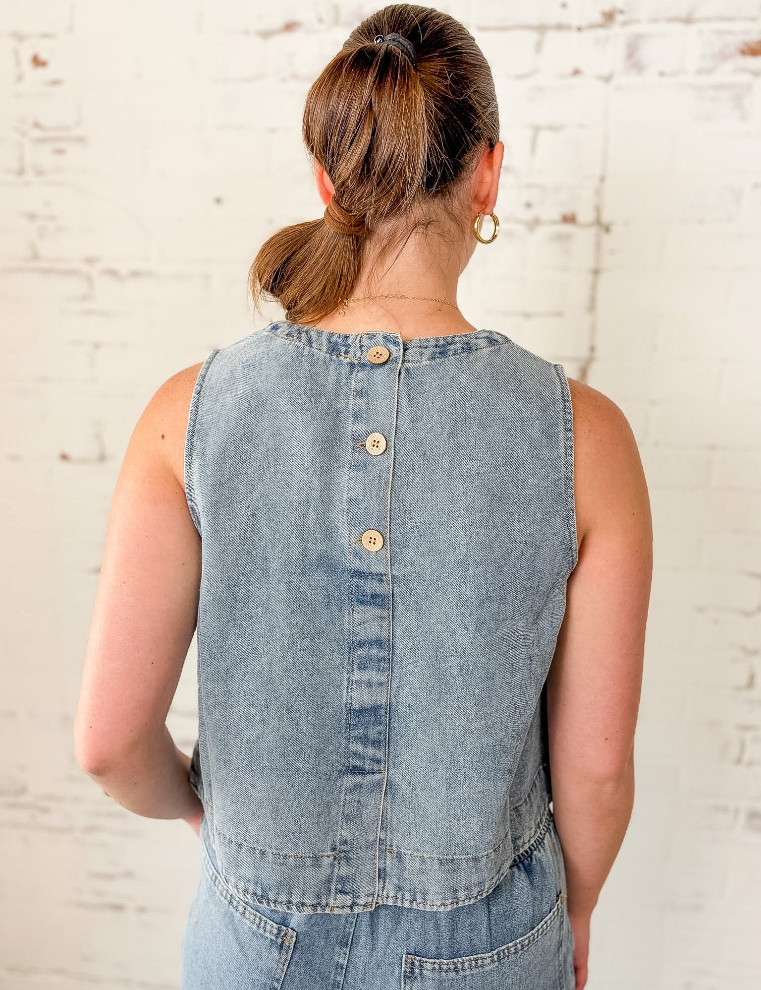 Denim Button Back Crop Top
