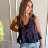 Embroidered Ruffle Trim Button-Front Top