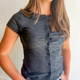 Eyelet Button-Front Cap Sleeve Top