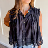 Eyelet Trim Button-Front Blouse