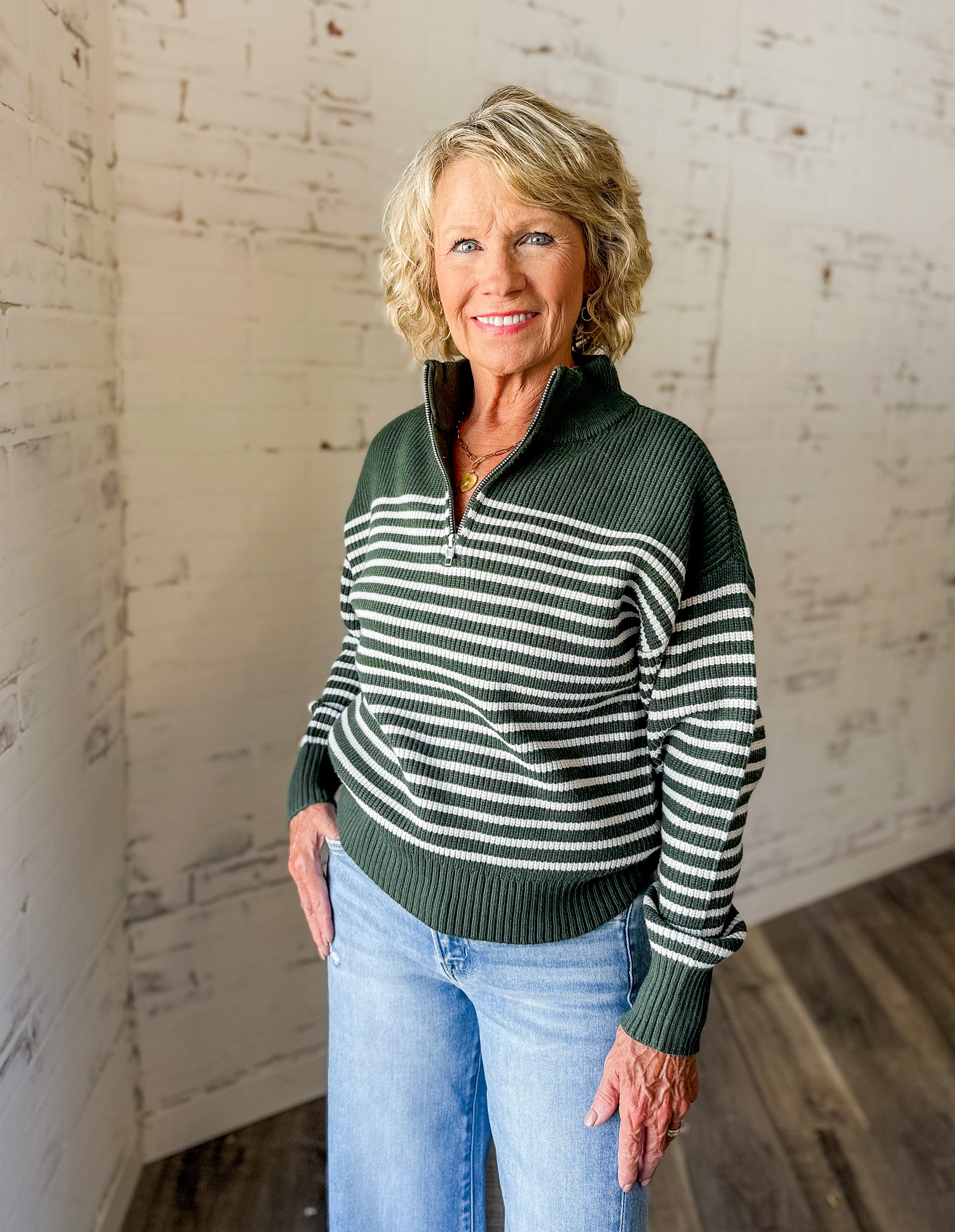 Russell Striped Quarter Zip Ribbed Sweater