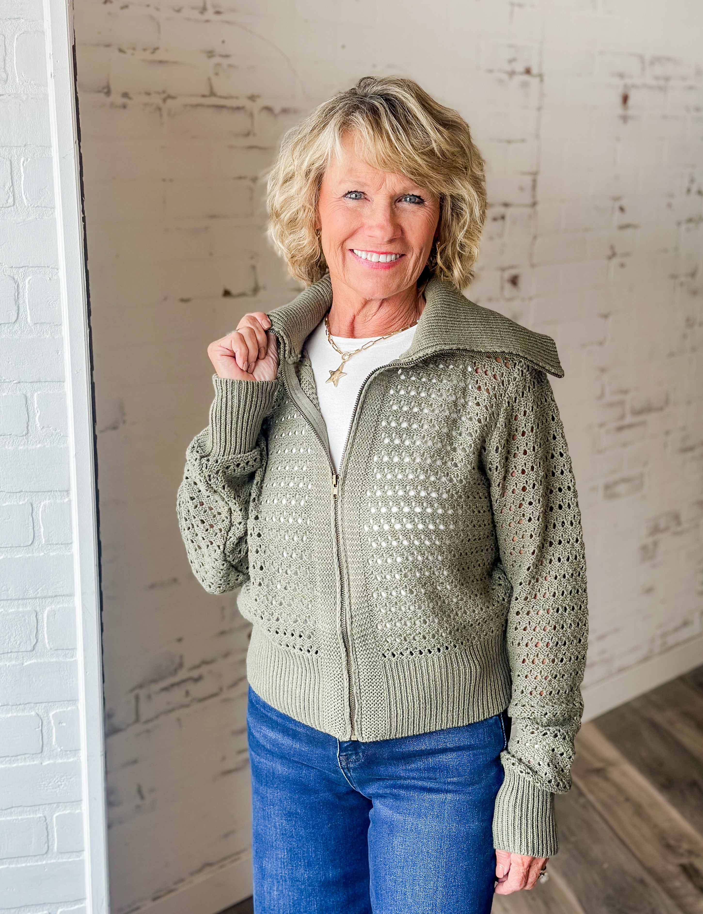 Open Knit Zip-Up Sweater