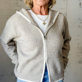 Oatmeal Contrast Trim Knit Zip-Up Hoodie