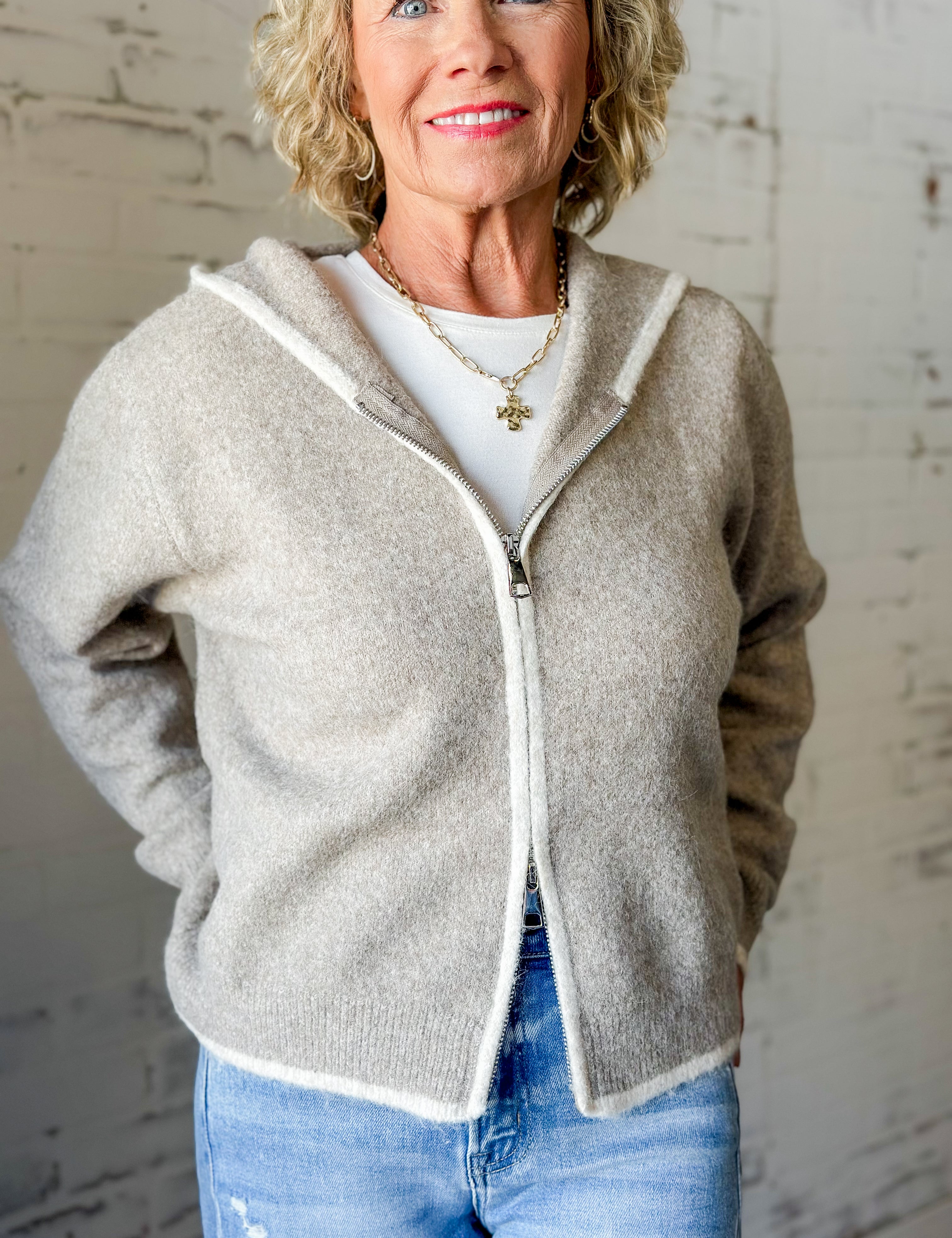 Oatmeal Contrast Trim Knit Zip-Up Hoodie