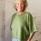 Olive Contrast Stitch Short Sleeve Sweater