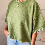 Olive Contrast Stitch Short Sleeve Sweater