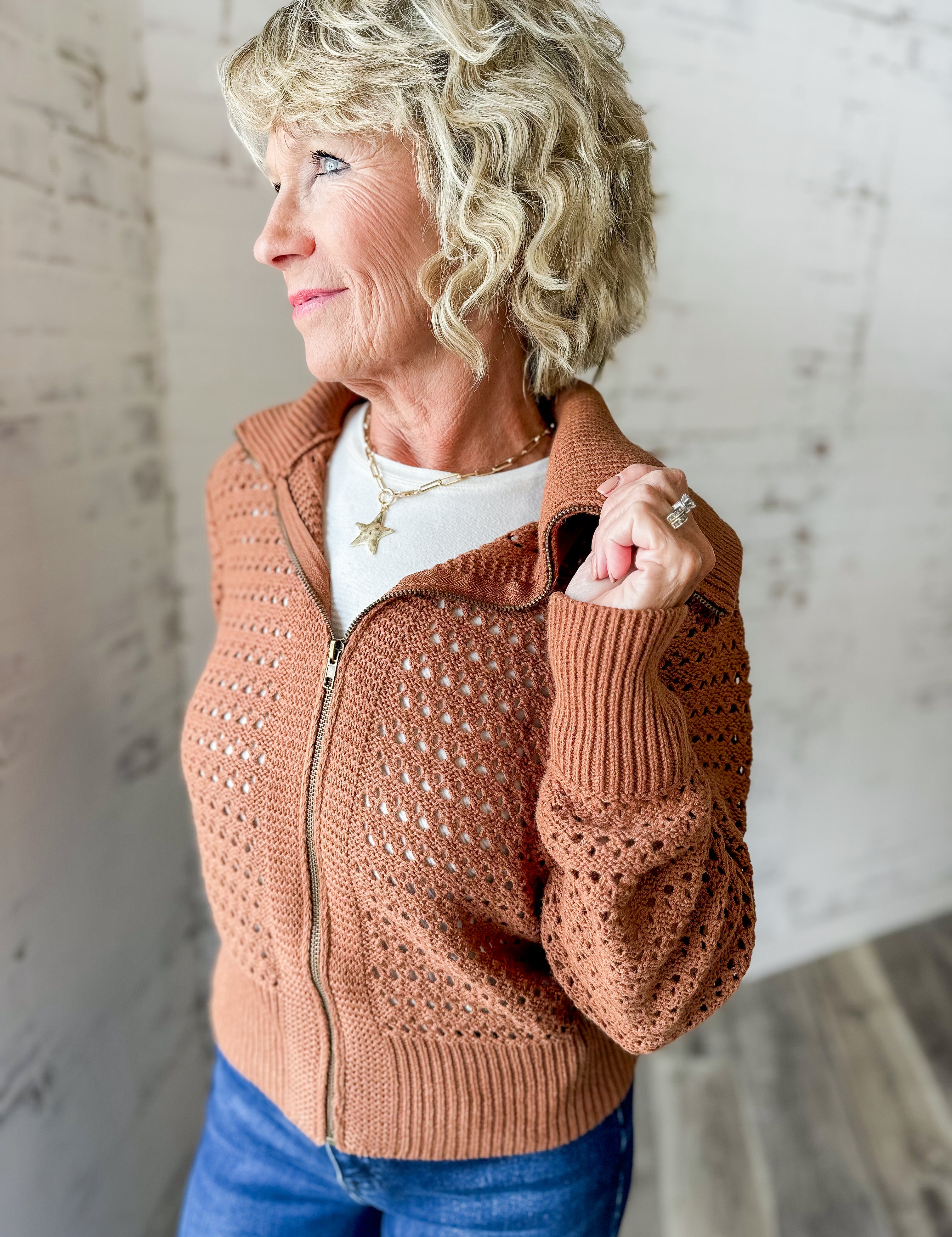 Open Knit Zip-Up Sweater