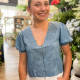 Floral Embroidered Chambray Button Top