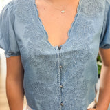 Floral Embroidered Chambray Button Top