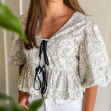Floral Toile Tie-Front Peplum Top
