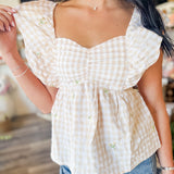 Gingham Daisy Embroidered Tie-Back Top
