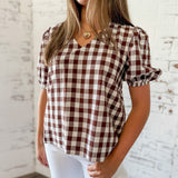 Gingham Puff Sleeve V-Neck Top