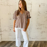 Gingham Puff Sleeve V-Neck Top