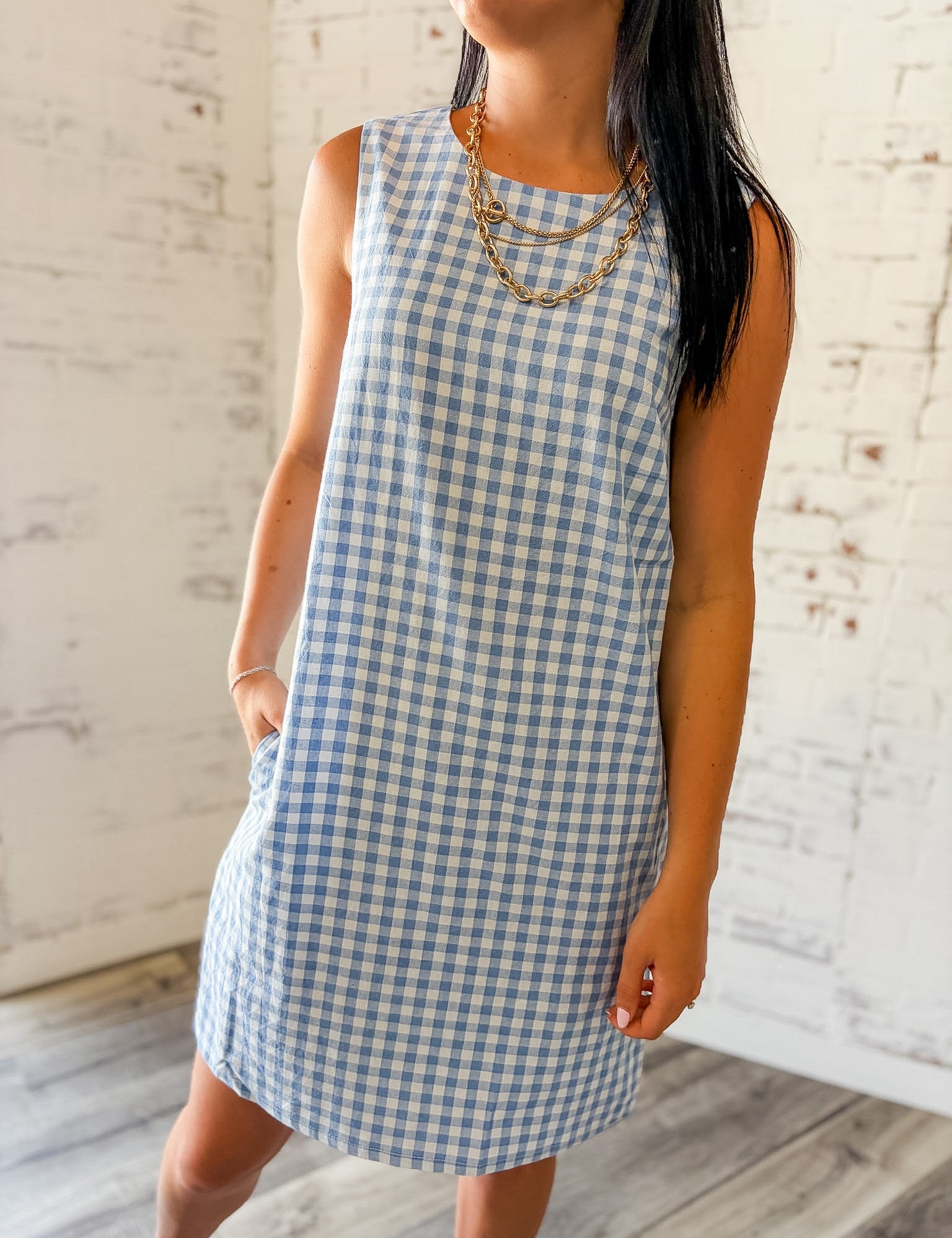 Gingham Sleeveless Shift Dress