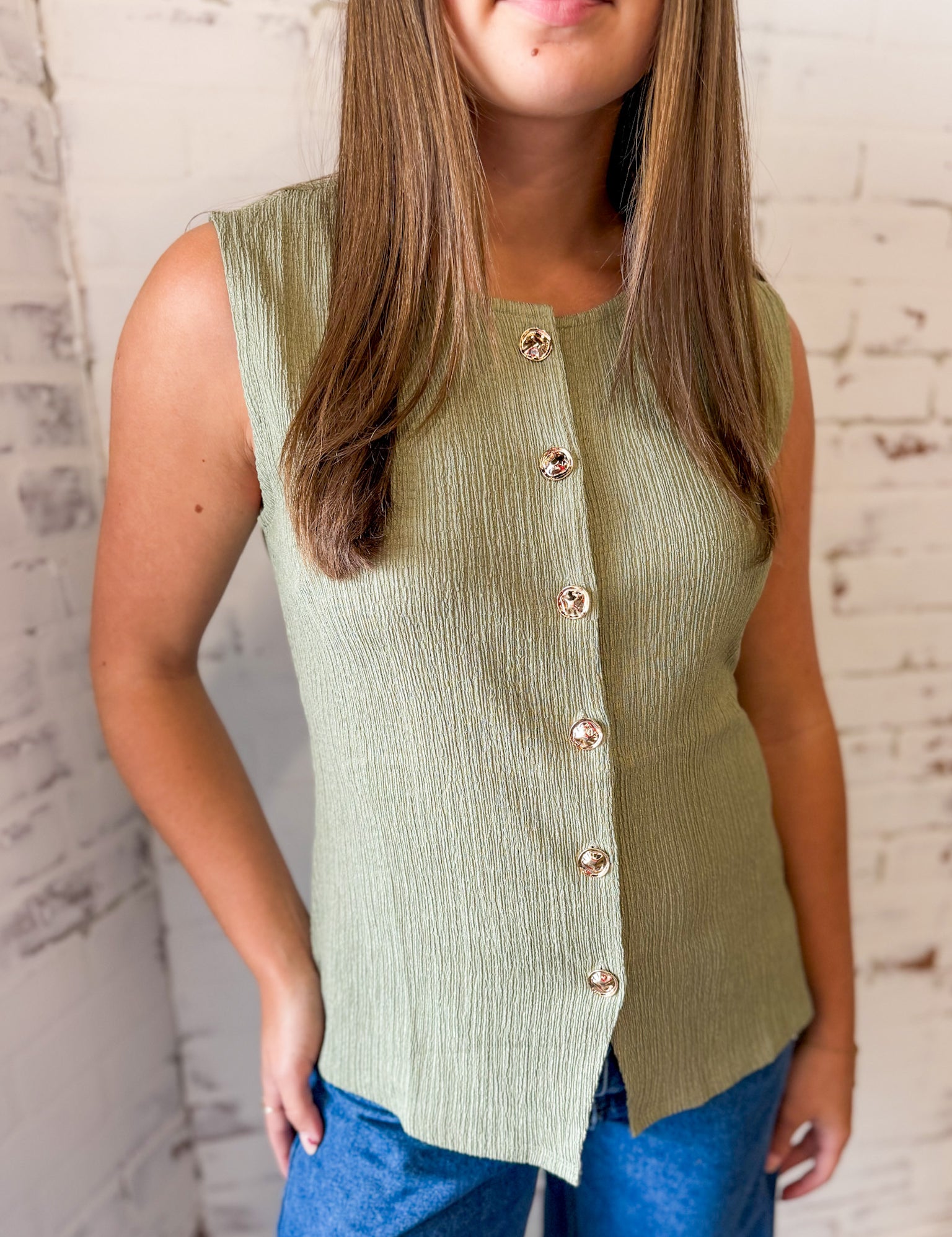 Gold Button Textured Knit Vest