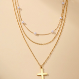 Gold Layered Pearl Cross Necklace
