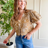 Golden Meadow Embroidered Tie Front Top