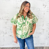 Green Tropical Print Lace Trim Puff Sleeve Top