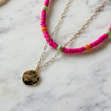 Hot Pink and Gold Coin Double Layer Necklace