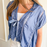 Lace Trim Satin Tie-Front Blouse