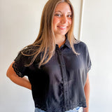 Linen Blend Eyelet Trim Button-Front Top