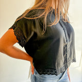Linen Blend Eyelet Trim Button-Front Top