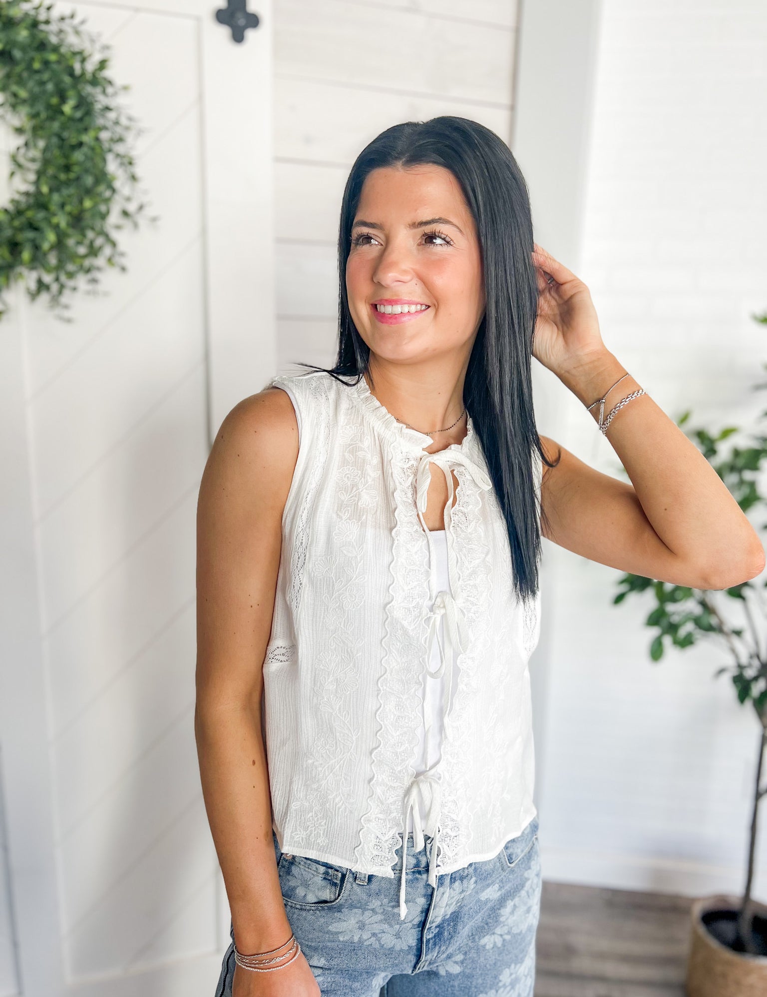 Meadow Lace Tie Front Sleeveless Top