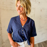 Navy Eyelet Button-Front Top