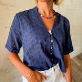 Navy Eyelet Button-Front Top