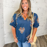 Navy Floral Embroidered Puff Sleeve Blouse