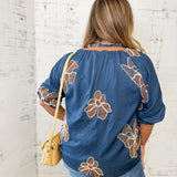 Navy Floral Embroidered Puff Sleeve Blouse