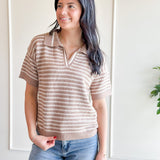 Neutral Dot Stripe Knit Polo Top