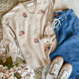 Oatmeal Floral Embroidered Sweater