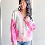 Pink Colorblock Button Front Cardigan