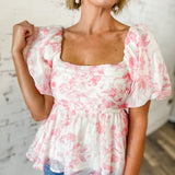 Pink Floral Toile Puff Sleeve Babydoll Top