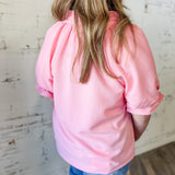 Pink Textured V-Neck Puff Sleeve Blouse