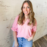 Pink Textured V-Neck Puff Sleeve Blouse