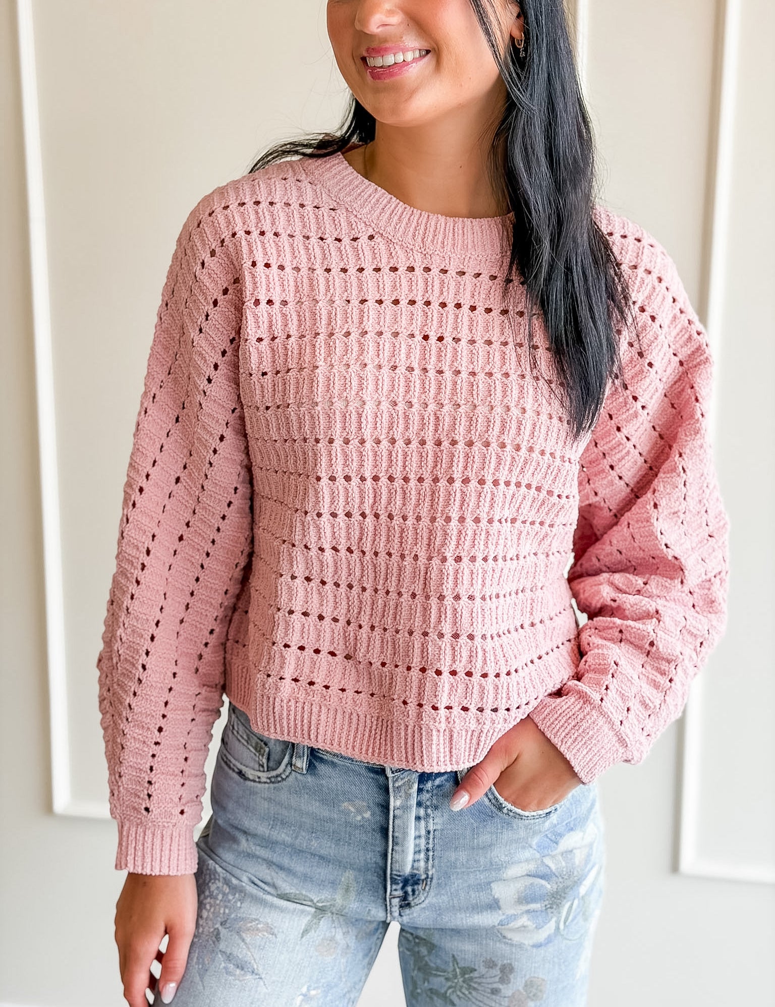 Pointelle Crochet-Knit Sweater