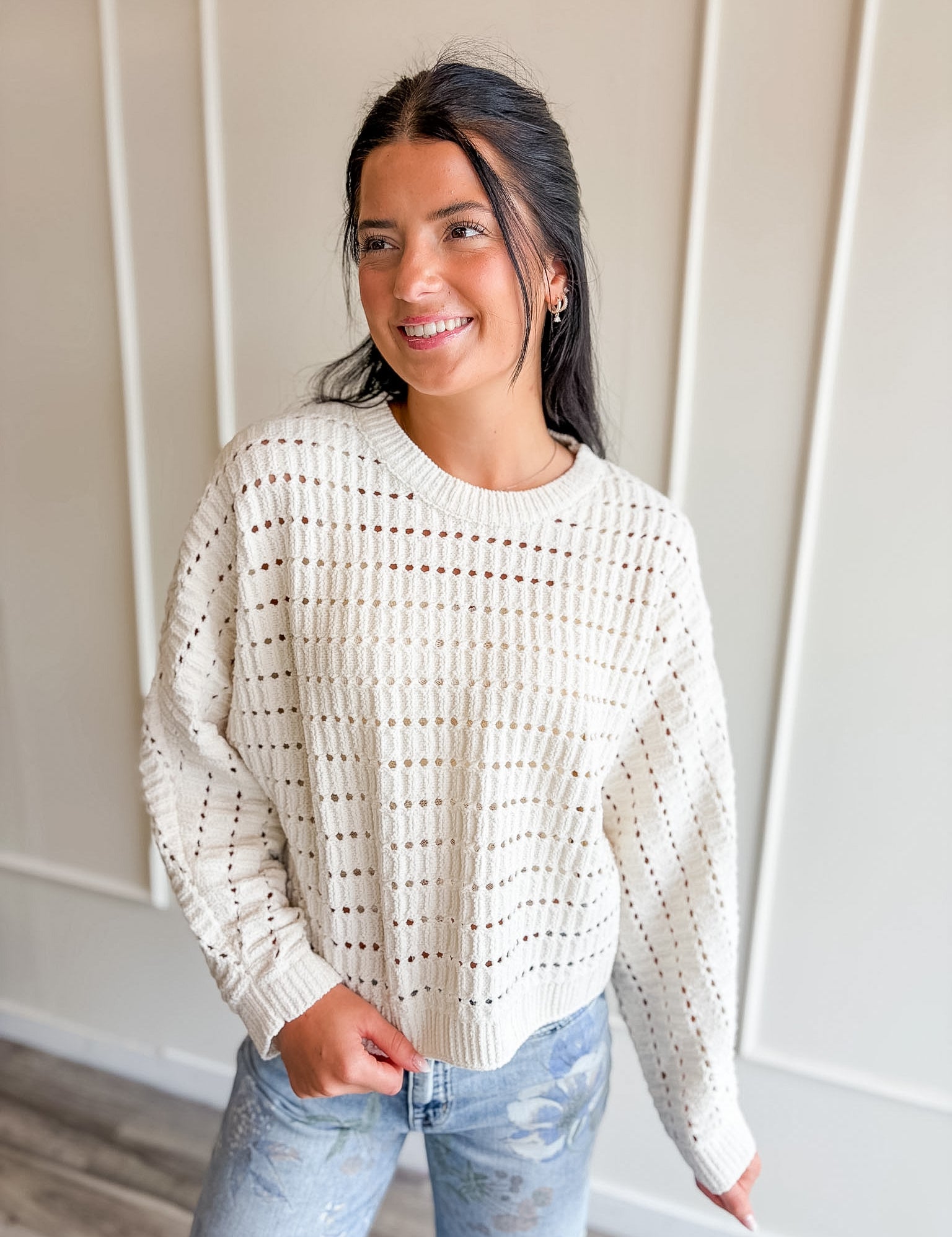 Pointelle Crochet-Knit Sweater